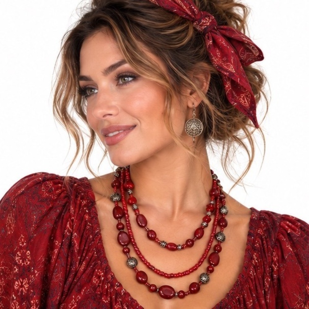 Multi Strand Beaded Necklace Red Bohemian Silver Filigree Layered Statement